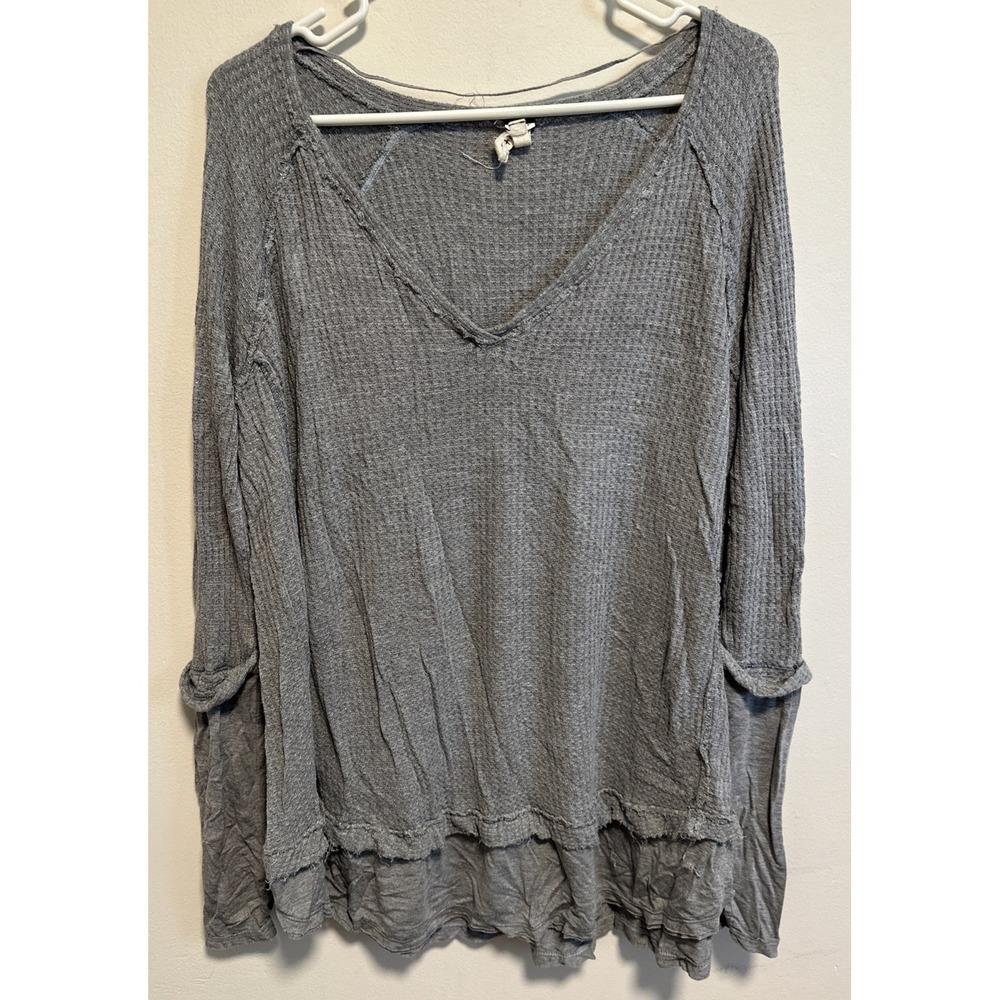 We The Free People Women's Top Laguna Gray Waffle Knit Thermal Tunic Sz Large